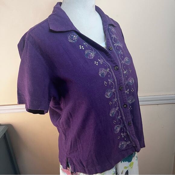 Vintage Linen Blend Pappagallo Purple Top w/ Embroidery & Sequins Petite Large - Picture 2 of 6